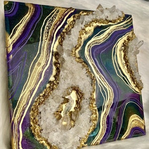 Purple, Green, & Gold Geode Painting w/ Brazilian Quartz Points / Metallic Epoxy Resin Art / Agate inspired Luxury Wall Decor / 12 x 12