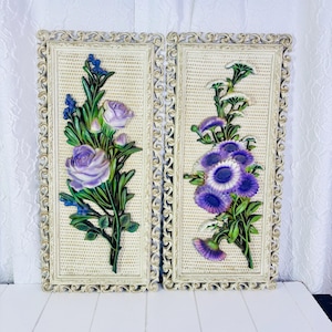 Vintage Resin Purple Floral Wall Art, Vintage Wall Art, Mid Century Modern, Floral Wall Art, Resin Pictures, Gallery Wall, Set of 2