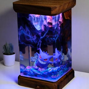 Lamp Purple Ghost Monster Epoxy Resin Wood, Custom Night Light, Table Lamp, Animal Cute Lamp, Personalized Gift for Him, Father's Day Gift